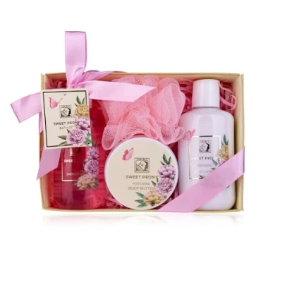 Imagen de Accentra Set de regalo SWEET PEONY en una bonita caja 4 piezas con gel ducha, loción corporal, manteca corporal y esponja red para el Día San Valentín la Madre