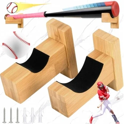 Imagen de 2 Piezas Soporte de Bate Béisbol, Pantalla Horizontal, Béisbol Madera, Maciza Hecho una Mano con Forro Fieltro y Pared Murciélago