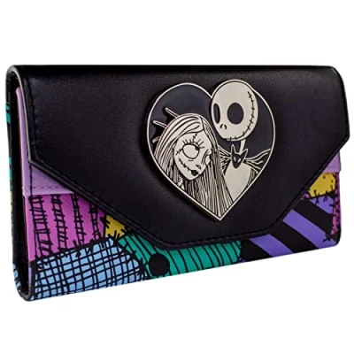 Imagen de Nightmare Before Christmas Jack Sally Patchwork Emblema Cartera sobre Bolsillo para Monedas &amp; Tarjetero, Negro