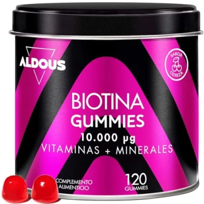Imagen de Biotina 10.000 mcg 120 gummies sabor cereza Gominolas para el Pelo Acido Folico, Zinc, Selenio, Yodo + Vitaminas cabello Piel y Uñas Multivitaminas