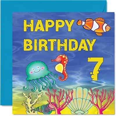 Imagen de tarjeta de 7º cumpleaños para niño y niña, Sealife, feliz 7 años, tarjetas él ella, felicitación 145 mm x