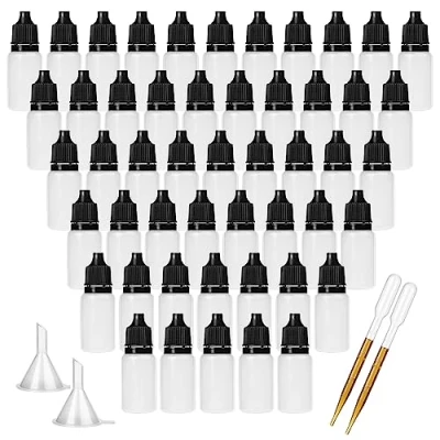 Imagen de DONQL 50Pzs Botellas de Goteo 10ml, Frasco Cuentagotas Plástico, Gotero para Aceite Esencial, Reutilizable Gotas Los Ojos, DIY Líquido, con 2 Pegatinas y Embudos Tubos Ensayo