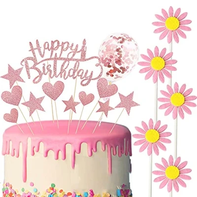 Imagen de Allazone Happy Birthday Decoracion Tarta, Corazón Estrellas Globos Flores Tarta Cumpleaños Cake Topper para Baby Shower Fiesta Temática, Rosado