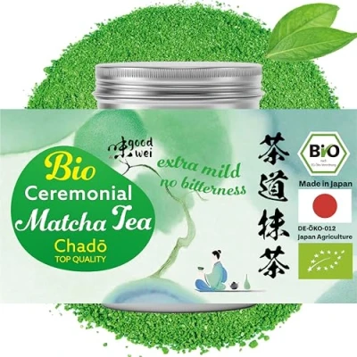 Imagen de Goodwei Matcha Chado Calidad ceremonial polvo de puro Japón Té verde grado original en Primera cosecha, lata 40 g