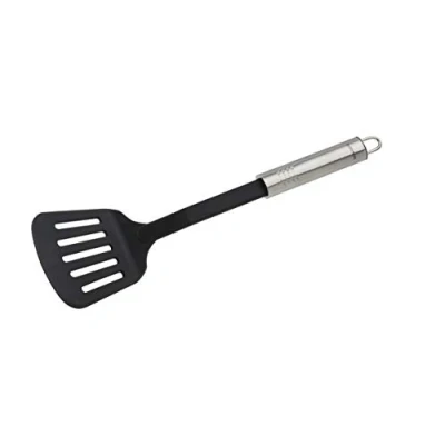 Imagen de FACKELMANN 44308 espátula ranurada ovalada de 33 cm práctica plástico con mango ergonómico acero inoxidable, utensilios cocina para cocinar (color: plata/negro), cantidad: 1 pieza