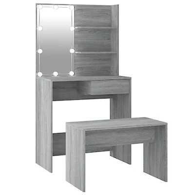 Imagen de vidaXL Juego de Tocador con LED Mesa Maquillaje Cosméticos Joyería Taburete Almacenamiento Dormitorio Madera Contrachapada Gris Sonoma
