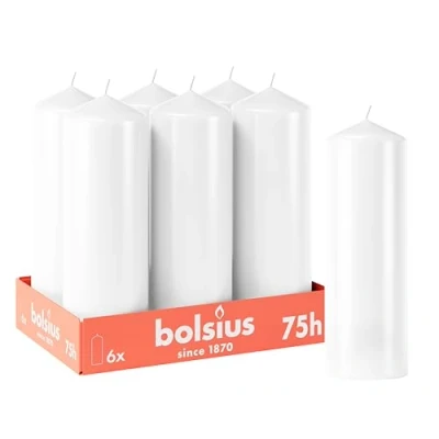 Imagen de Bolsius Velas lisas Blanco 6 unidades 20 x 7 cm decorativas para el hogar Tiempo de combustión 75 horas Sin perfume Contiene cera vegetal natural aceite palma