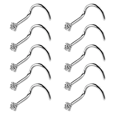Imagen de Zeayebsr 10 Piezas 20 Guage Piercing de Nariz Acero Inoxidable Aros Zirconia Cúbica Joya Cuerpo, Forma Tornillo Curvado
