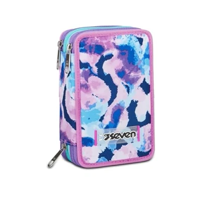 Imagen de Seven Estuche Escolar con 3 Cremalleras, Fucsia, Morado y Verde Agua, Custom Cloud, portalápices Triple Compartimento Completo bolígrafos, lápices, Colores, Accesorios Mochila, elementales,