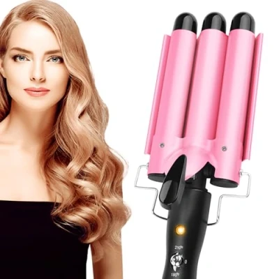 Imagen de Plancha ondulada para cabello, rizador con 3 barriles temperatura ajustable, de pelo ondulado 25 mm, calentamiento rápido, onda grande largo y corto, herramienta peinado el
