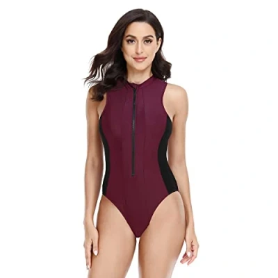 Imagen de BEACHKINI Traje de baño una Pieza para Mujer sin Mangas con Cremallera Frontal triángulo,69 Rojo,M