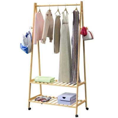 Imagen de CASARIA® Perchero de Pie Ruedas 2 Estantes Burro Ropa Robusto 4 Ganchos Madera Bambú 155x70cm Dormitorio Pasillo Organizador Colgador Moderno Natural