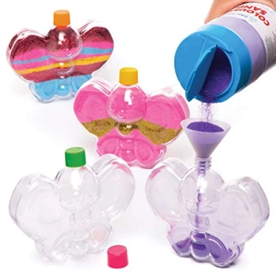 Imagen de Baker Ross Botellas de plástico en forma mariposa para decorar con arena (Pack 5) Manualidades infantiles llenar o purpurina (no incluidas)