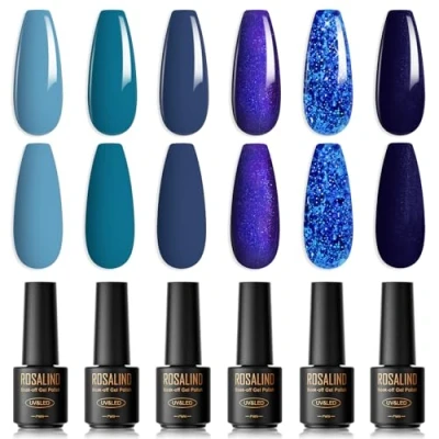 Imagen de ROSALIND Esmaltes Semipermanentes Para Uñas,6 Colores Mini Azul pálido Lago Tibetano Glitter Marino,Pintauñas Soak Off UV/LED Gel Uñas Diy Manicura Nail Art Set