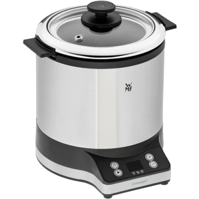 Imagen de WMF 0415260011 Arrocera 220 W con 1 L de capacidad, tapa recipiente, base dual, mantenimiento automático del calor, incluye taza y cuchara medidora, exterior acero inoxidable cromargan mate