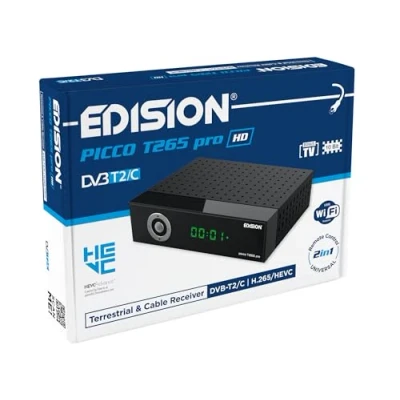 Imagen de EDISION Picco T265 Pro HD Modelo 2024 Receptor Terrestre TDT &amp; por Cable DVB T2/C H.265 HEVC FTA Full PVR, USB, HDMI, SCART, S/PDIF, Sensor IR, Soporte USB WiFi, Mando a Distancia Universal 2en1