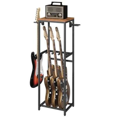 Imagen de MAHANCRIS AGSHR6301 soporte de 2 pisos para guitarra acústica, eléctrica, bajo, ukelele, banjo, con accesorios guitarra, protector EVA, marrón y negro