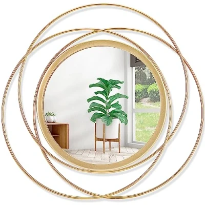 Imagen de HLFMVWE Gold Art espejo redondo grande con marco de alambre metal hierro, pared para decoración del hogar, sala estar, dormitorio, baño, entrada, 40 x cm