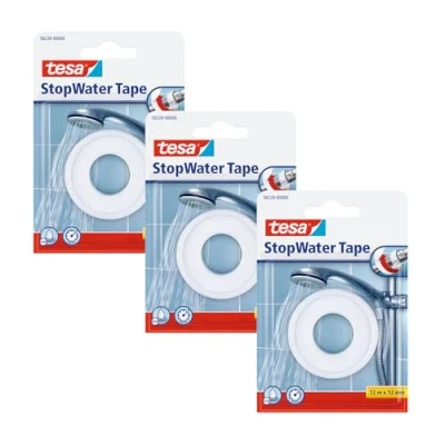 Imagen de tesa® StopWater Cinta autoadhesiva de PTFE impermeable, flexible, fuerte y autoadherente, para sellar fugas agua, 3 unidades, 12 m x mm, color blanco