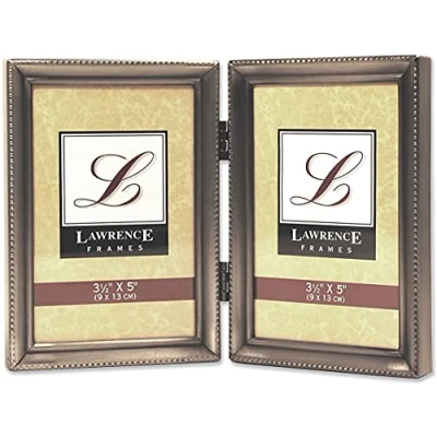 Imagen de Lawrence Frames 11535D Marco de fotos doble con bisagras peltre antiguo 3 x 5 pulgadas, diseño borde cuentas