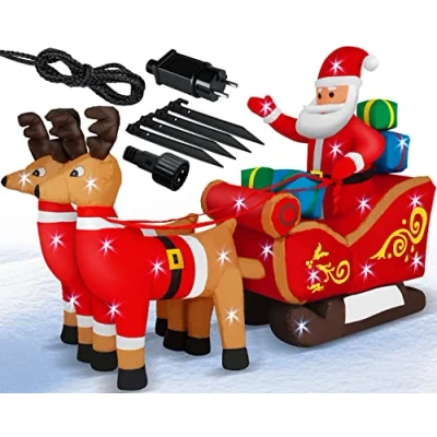 Imagen de KESSER® Papá Noel hinflable con Trineo XXL Reno navideño Deco LED Iluminado Incl. Material de Montaje Decoración navideña