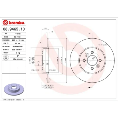 Imagen de BREMBO 08.9465.10 Disco de freno 280 12 4 macizo RENAULT: Kangoo I, I Express