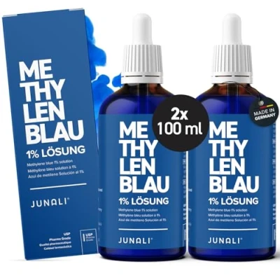 Imagen de JUNALI® solución azul de metileno 1% calidad USP Pharma, 100 ml, sin metales pesados, probada en laboratorio, fabricado Alemania