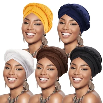 Imagen de DRESHOW Turbante Africano para Mujeres Preatado Trenzado Envoltura de Cabeza Sombreros Moda Gorra Dormi Gorro cáncer quimio