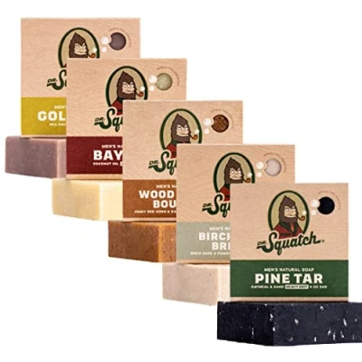 Imagen de Dr. Squatch Barra de jabón natural para hombre: ron bahía, brisa abedul, musgo dorado, alquitrán pino, bourbon barril madera 1 Unidad (Paquete 5)