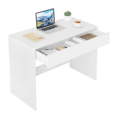 Imagen de eSituro Mesa Escritorio, 100x50 cm, de Oficina con 1 Cajón Grande, Escritorio Ordenador Almacenaje, Tocador, Estudio o Escirtorio Dormitorio, Blanco