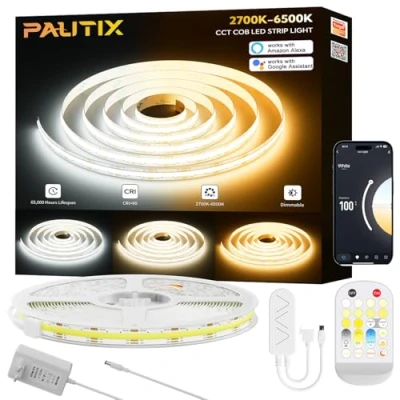 Imagen de PAUTIX WIFI COB LED Tira CCT 10M,2700K 6500K Blanco Sintonizable LED,24V de Inteligente Funciona con TUYA/Alexa/Google Assistant y Alimentación para Gabinete Cocina,Habitación,TV.
