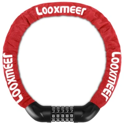 Imagen de Looxmeer Candado Bicicleta Antirrobo, Cerradura Combinación 5 Dígitos, Bloqueo de Alta Seguridad, Cadena sin Llave, para Bici Moto Scooter, 90CM, Rojo