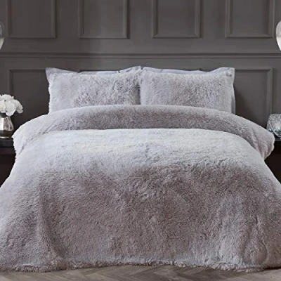 Imagen de Sleepdown Juego de Funda edredón Pelo Largo sintético Plateado, súper Suave, fácil Cuidado, con Fundas Almohada, Super King (220 x 260 cm), matrimonio grande