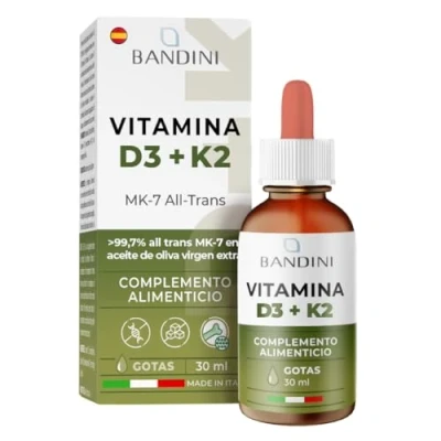 Imagen de Bandini® Vitamina D3 + K2 en Gotas Premium: K2VITAL® de Kappa Aceite Oliva Virgen Extra EVO, Vitamines Colecalciferol Vit MK 7 Menaquinona 99,7% 100 mcg por Gota, con práctico Gotero