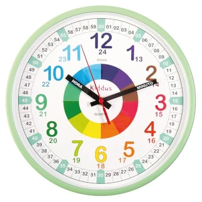 Imagen de Kiddus Reloj Pedagógico para Niñas y Niños. De Pared, Grande 30 cm. Analógico. Mecanismo Silencioso. Aprende la Hora. Sistema Time Teacher. Ejercicios Incluídos. Modelo: XL Mint ES