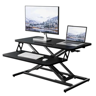 Imagen de ERGOMAKER Standing Desk Converter Convertidor de Escritorio pie 32 &quot;(80 cm) Ancho Monitores Dobles Altura Ajustable con Bandeja para Teclado Negro