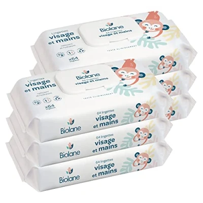 Imagen de BIOLANE Toallitas para bebé cara y manos Juego de 6 paquetes 384Toallitas (6 x 64) Limpia protege Inodoro Hippoalergénico Piel Sensible 97% ingredientes naturales Fabricado en