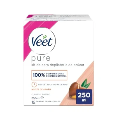 Imagen de Veet Tarro Cera Depilatoria con Aceite de Argán para Todo Tipo Pieles Cuerpo y Rostro 250 ml Bandas Tela Reutilizables