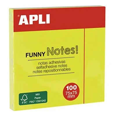 Imagen de APLI 11897 Notas adhesivas FUNNY 75 x mm bloc de 100 hojas color amarillo fluorescente neón