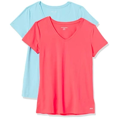 Imagen de Amazon Essentials Camiseta técnica elástica de Manga Corta y Cuello en Pico (Disponible Tallas Grandes) Mujer, Pack 2, Azul/Rosa Fluorescente, XS