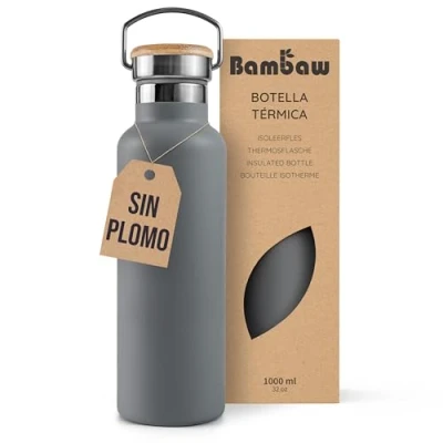 Imagen de Bambaw Botella térmica 1 litro, agua Gris oscuro, acero inoxidable gimnasio, Cantimplora antracita