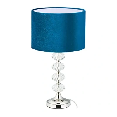 Imagen de Relaxdays Lámpara Mesita de Noche, Terciopelo y Cristal, 47 x 26 cm, Rosca E14, Luz Sobremesa, Salón, Escritorio, Azul