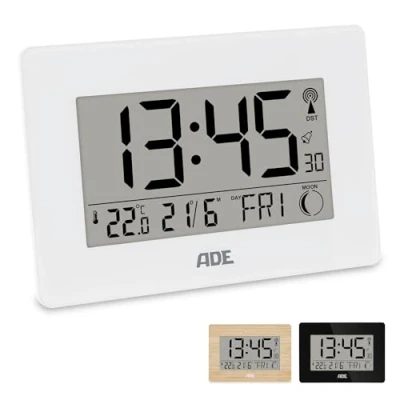 Imagen de ADE Reloj Digital Grande radiocontrolado con dígitos XXL de sobremesa y Pared Calendario termómetro Despertador a Pilas Negro