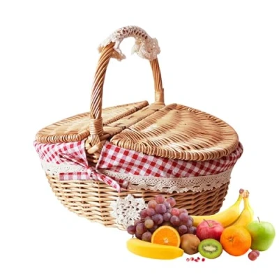 Imagen de cesta de mimbre para picnic con tapa y asa, tejida pícnic, dulces hecha a mano, almacenamiento huevos Pascua, vino sauce natural, vacía