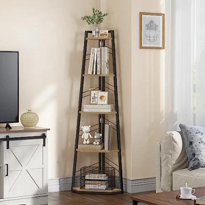 Imagen de YITAHOME estantería de estilo industrial con 5 niveles, esquinera moderna e independiente, estante abierto para sala estar, pasillo, oficina en casa, rústico color roble