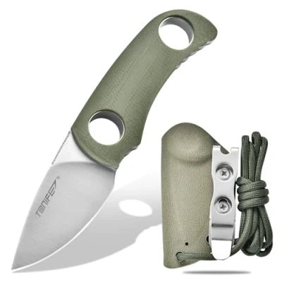 Imagen de TONIFE Cuchillo de Hoja Fija 4,7cm, Mini Cuello con Funda Kydex y Cordón, Fijo Portátil EDC para Supervivencia al Aire Libre (Verde+Satín)