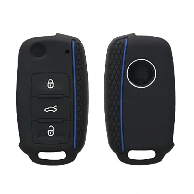 Imagen de kwmobile Carcasa Compatible con Llavero de VW Skoda Seat Llave Coche 3 Botones Funda para Mando Silicona Azul/Negro