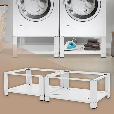 Imagen de ML Design Juego de 2x Pedestales para Lavadora o Secadora Blanco 128 x 54 32 cm Acero, Capacidad hasta 150kg Soporte Alto Base Estable y Robusta Bastidor Universal con Balda Almacenamiento