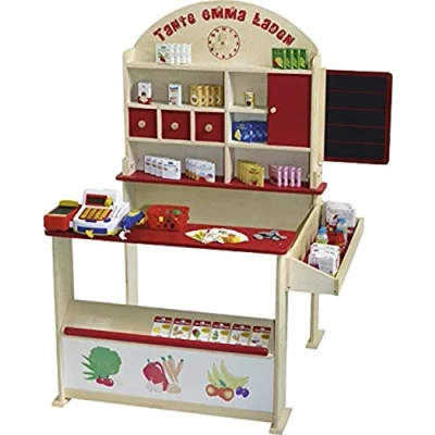 Imagen de roba Tienda de Juguete para Niños + 100 Piezas Accesorios Verdadera Caja Registradora y Altavoz Reloj Pizarra Rojo/Natural