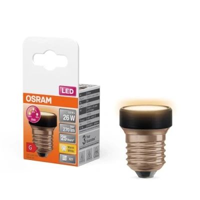 Imagen de OSRAM LED STAR FLAT con 3,5W (como 26W), 270lm/2700K, blanco cálido 827, esmerilado, plástico en negro, rosca E27, regulable 3 vías mediante interruptor de pared, 35 mm diámetro